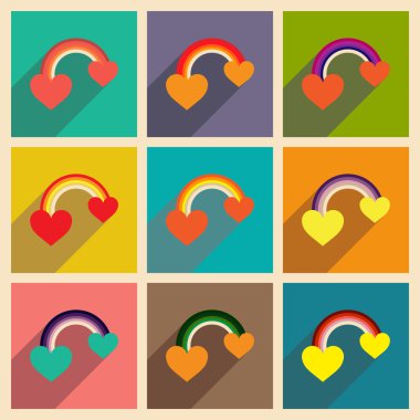 Uzun gölge gökkuşağı kalp ile düz web simgeler kümesi