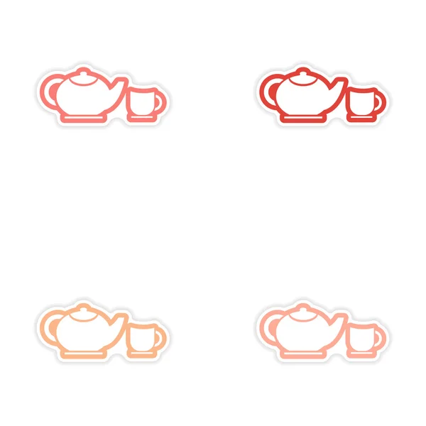 Set de pegatinas tetera y taza sobre fondo blanco — Vector de stock