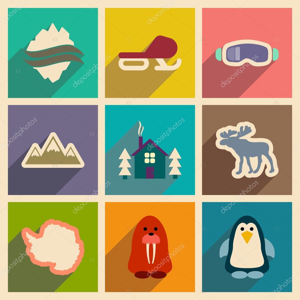 Set of flat web icons with long shadow Arctic