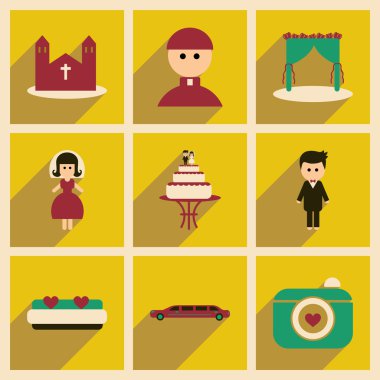 Uzun gölge düğün ile düz web simgeler kümesi