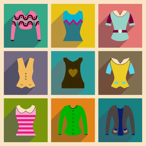 Concepto de iconos planos con blusas largas para damas de sombra — Archivo Imágenes Vectoriales