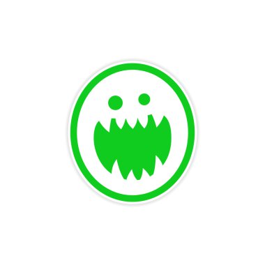 Etiket parlak canavar ile keskin dişler beyaz bir arka plan üzerinde