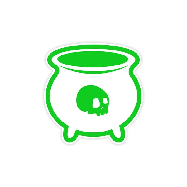 Sticker sorcières chaudron avec un crâne sur fond blanc — Image vectorielle