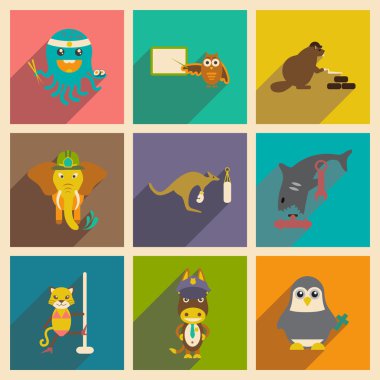 Uzun gölge hayvanlarla düz simgeler kümesi