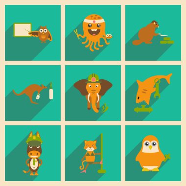 Uzun gölge hayvanlarla düz simgeler kümesi