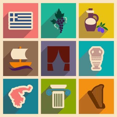 Uzun gölge Yunanistan ile düz web simgeler kümesi