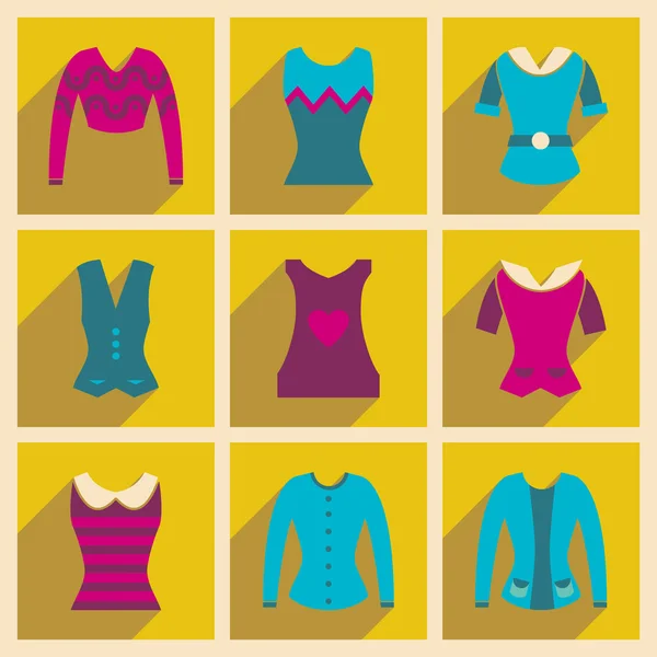 Concepto de iconos planos con blusas largas para damas de sombra — Vector de stock