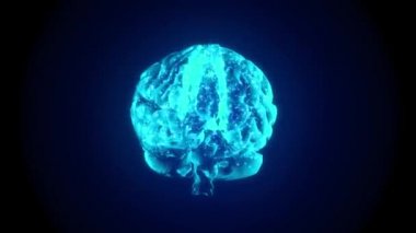 4k 3fps Al Beyin Konsepti. Yapay Zeka, nöronetler. 360 derece dönüyor. Siyah arka planda parlak mavi bir beyin hologramı. Dijital Beyin Büyük Verisi.