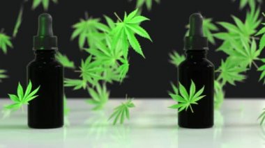 Arasında marihuana ve kenevir yağı yaprakları olan bir sürü CBD yağ şişesi. Koyu pirinç tarlası. Bir üretim hattı, gerekli yağlar, kenevir yağı, şişeler. 4K döngüsü. Esrar stokları.