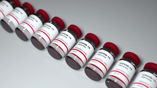 Vaccins Tegen Het Coronavirus Glazen Flessen Witte Tafel Sars Cov — Stockvideo
