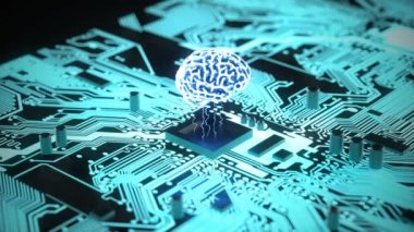3D Parlayan Anakart Yapay Zeka. Mavi enerjili bilgisayar beyni. Makine öğrenme kavramı. Teknoloji arka plan işlemci devresi. ikili sayılar bilgisayar işleme.