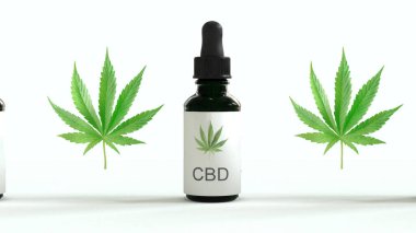 Arasında marihuana ve kenevir yağı yaprakları olan bir sürü CBD yağ şişesi. Beyaz pirinç tarlası. Bir üretim hattı, gerekli yağlar, kenevir yağı, şişeler. 4K döngüsü. Esrar stokları.