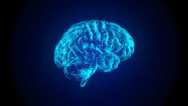 4k 3fps Al Beyin Konsepti. Yapay Zeka, nöronetler. 360 derece dönüyor. Siyah arka planda parlak mavi bir beyin hologramı. Dijital Beyin Büyük Verisi.