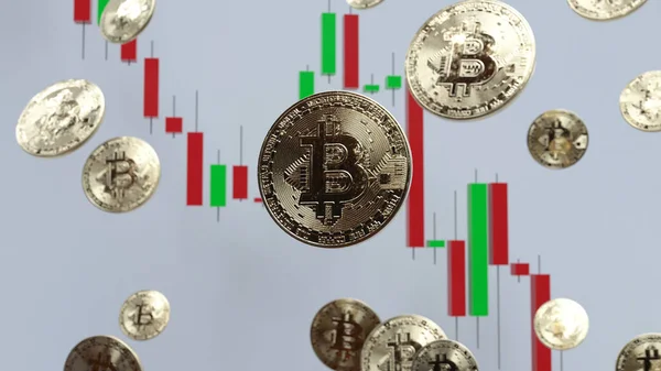 Baloncuğun içindeki Bitcoin. Arkasındaki ticaret grafiği balonun patlayacağını ve fiyatın düşeceğini gösteriyor.