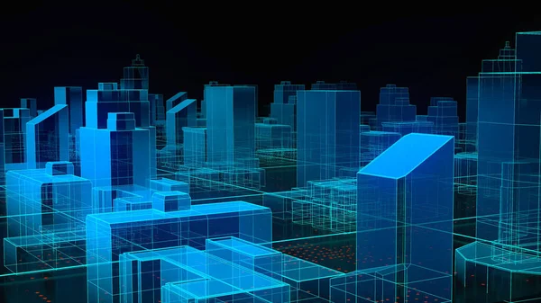 Teknoloji Şehri Hologramı, fütüristik matrisli büyük veri soyut 3D şehir. Bir ağa bağlı dijital binalar. Teknoloji ve bağlantı kavramı.