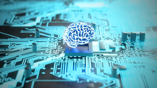 3D Parlayan Anakart Yapay Zeka. Mavi enerjili bilgisayar beyni. Makine öğrenme kavramı. Teknoloji arka planı işlemci devresi bir ai beynine bağlı. makine öğrenmesi.