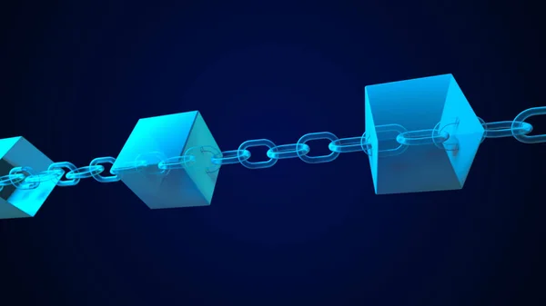4K Blok zinciri konsepti yakınlaştır - Zincir ağ bağlantılarından oluşur. İçinde ikili sayılar olan küpler. Karanlık bir arkaplanda şifreli para birimini gösteren birbirine bağlı veri blokları