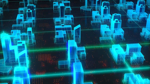 Teknoloji Şehri Hologramı, fütüristik matrisli büyük veri soyut 3D şehir. Bir ağa bağlı dijital binalar. Teknoloji ve bağlantı kavramı.