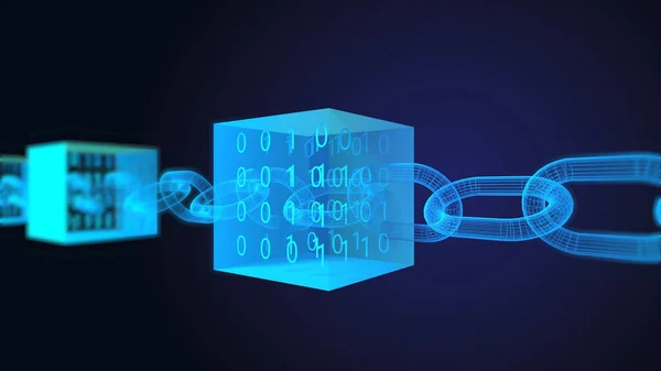 4K Blok zinciri konsepti döngüyü yakınlaştır. Zincir ikili verilerden oluşan ağ bağlantılarından oluşur. Bir kripto para birimi engelleme zincirini gösteren birbirine bağlı veri blokları.