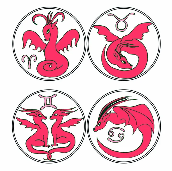 Collectible image of cute fantasy animals in the form of symbols of the zodiac signs. A great gift for a fan of dragons, an icon for stories, a sketch for a tattoo, a layout of the original author\'s pendant.