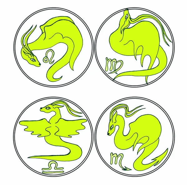 A great gift for a fan of dragons, decoration of an Internet account or site, an icon for stories, a sketch for a tattoo, a layout of the original decoration. Collectible image of cute fantastic animals in the form of symbols of the zodiac signs.