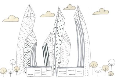 Yüksek binaları ve şekillendirilmiş ağaçları olan bir konut kompleksinin zarif bir grafiksel taslağı. Yüksek teknolojili iç tasarım için şık bir şehir manzarası. Hassas renkler ve çeşitli gölgeler bu resmin eşsiz çekiciliğini yaratır..