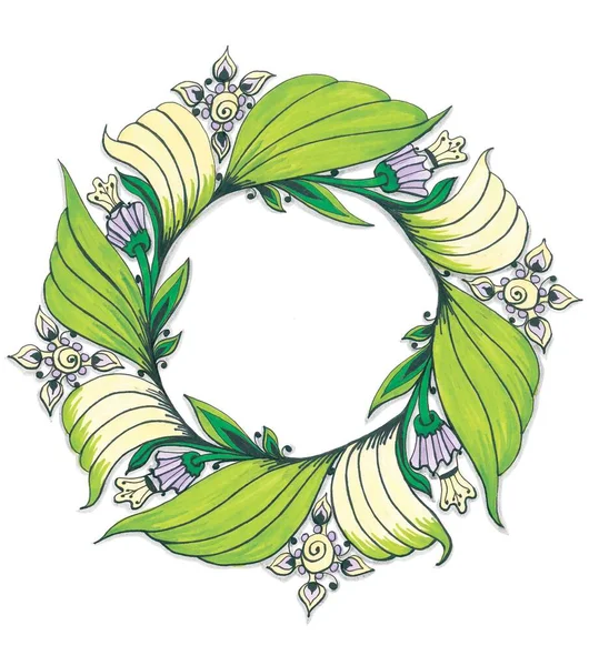 Jasnokwiatowy Okrągły Wzór Elementów Roślinnych Duże Zielone Liście Banana Liliowe — Zdjęcie stockowe