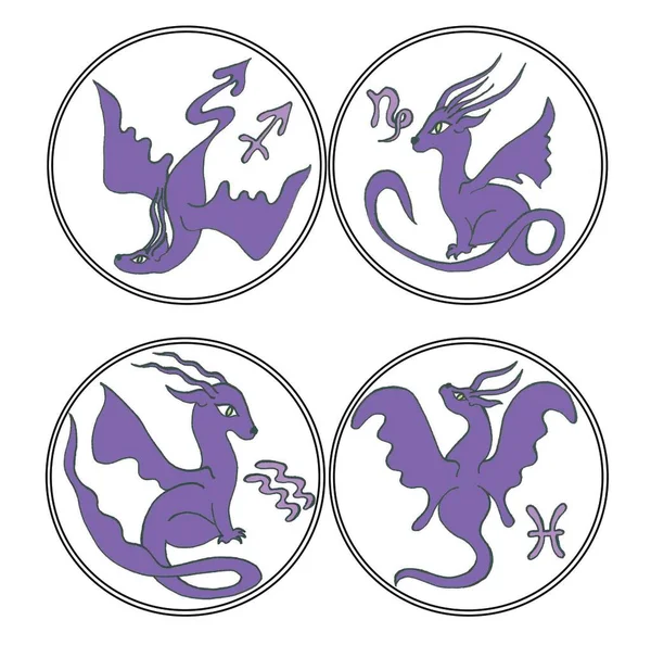 Okrągłe Znaczki Przedstawiające Słodkie Zwierzęta Fantasy Mitologiczne Smoki Postaci Symboli — Zdjęcie stockowe
