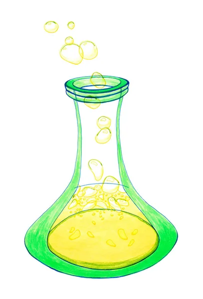 一个透明的炼金术容器 盛满了起泡的金色液体 它可以是神奇的药水或化学溶液 优雅的酒瓶是一种独立的艺术形式 是特殊场合的精品玻璃器皿 — 图库照片
