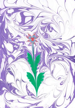 Esrarengiz soyut botanik desen. Leylak arka planında uzun beyaz damlalardan oluşan bir girdap, çiçek buketine ya da yemyeşil yapraklara benzer. Zarif bir kır çiçeği sanatta bir dinlenme noktası yaratır..