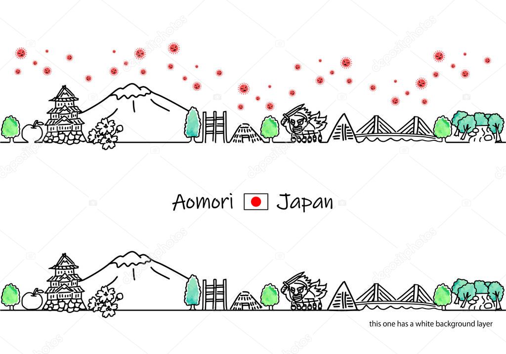Aomori Japan cityscape and covid-19 line art illustration set