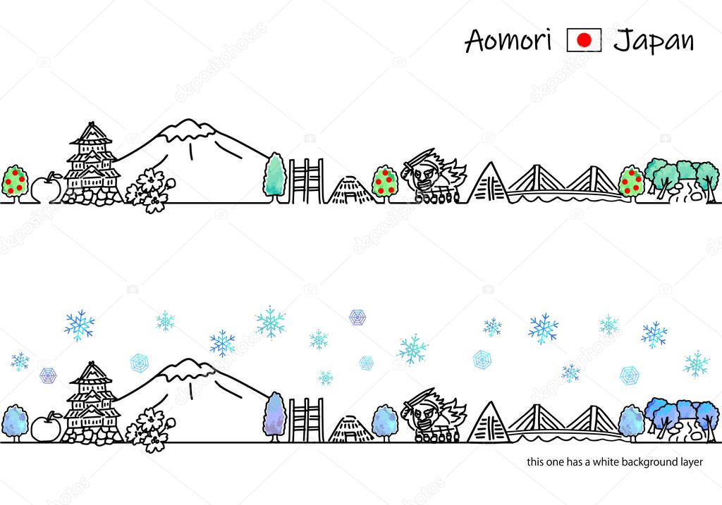 Winter Aomori Japan cityscape simple line art illustration set