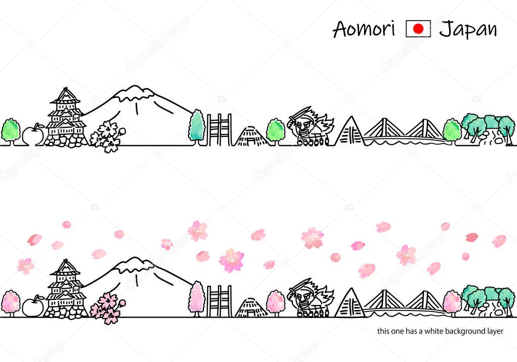 Spring Aomori Japan cityscape simple line art illustration set
