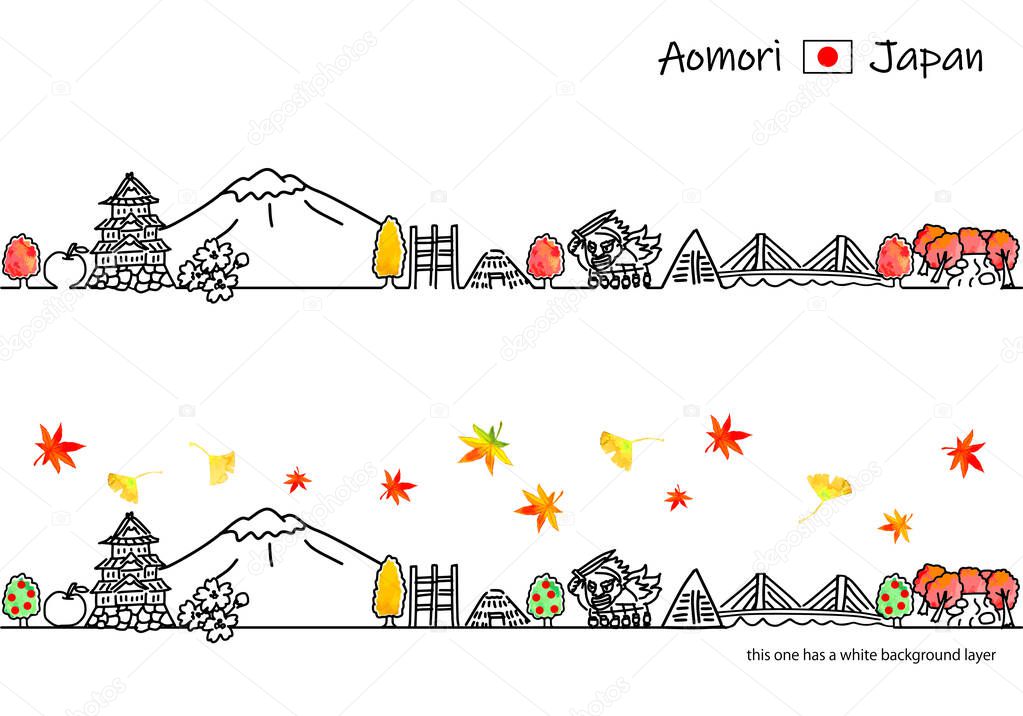 Autumn Aomori Japan cityscape simple line art illustration set 