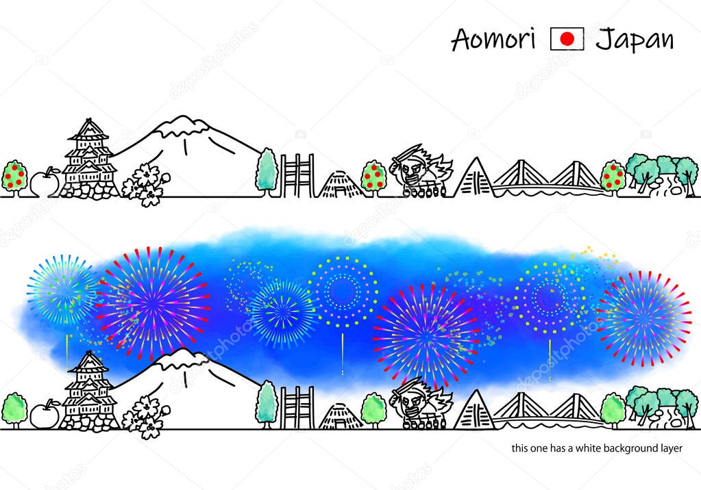 Aomori Japan cityscape and fireworks line art illustration set
