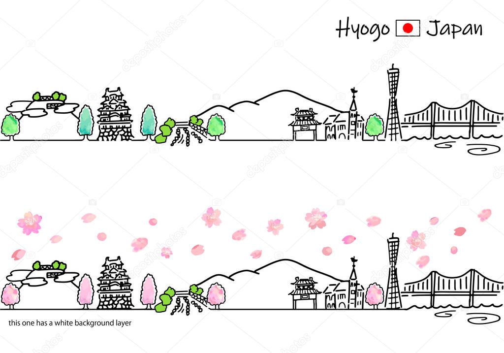 hand drawing town Hyogo Japan in Spring vector illustration set