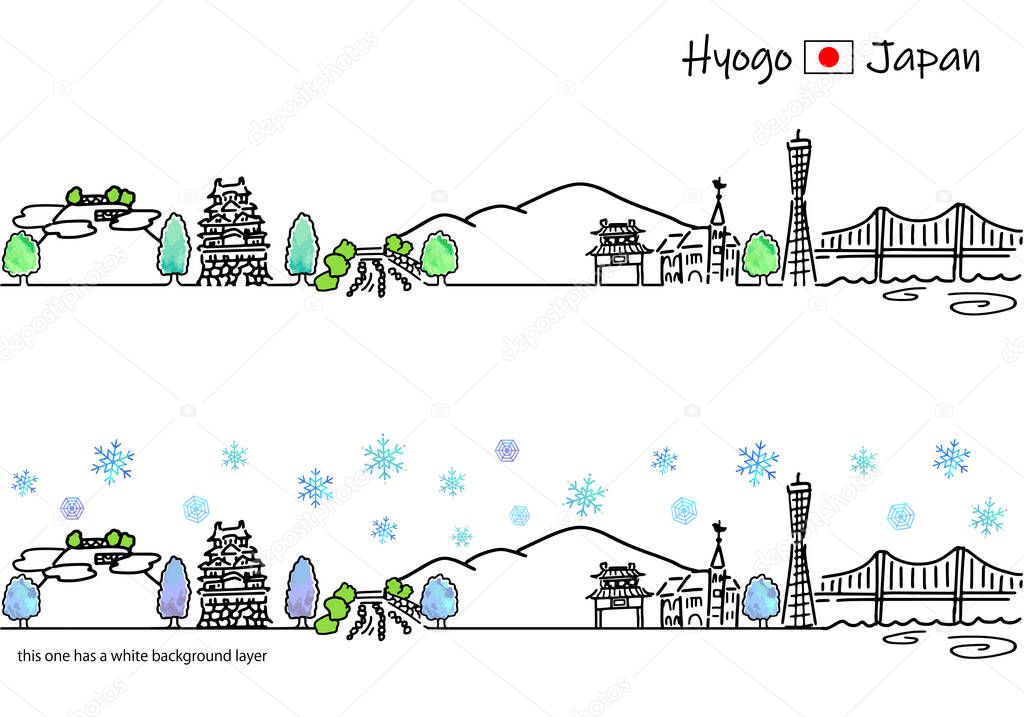 hand drawing town Hyogo Japan in Winter vector illustration set