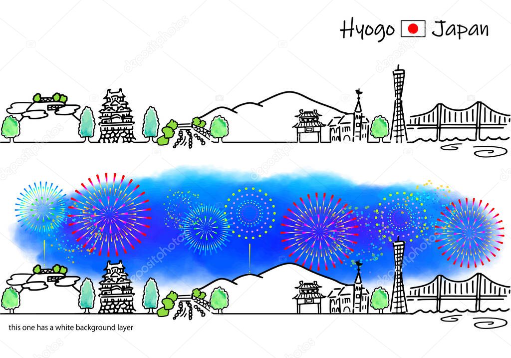 hand drawing town Hyogo Japan covered and fireworks vector illustration set