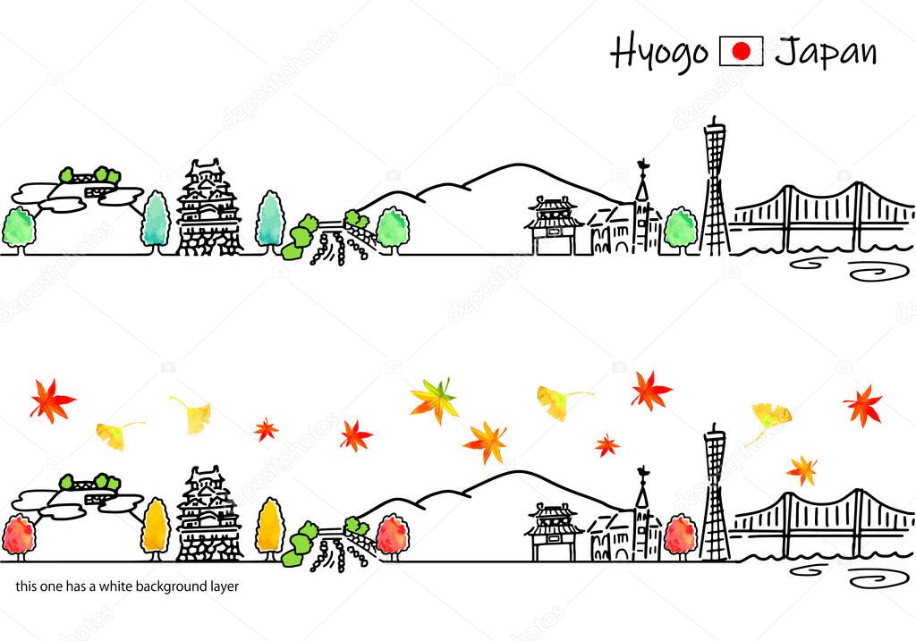 hand drawing town Hyogo Japan in Autumn illustration set