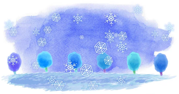 Acuarela Pintada Mano Paisaje Invierno Ilustración Nieve — Foto de Stock