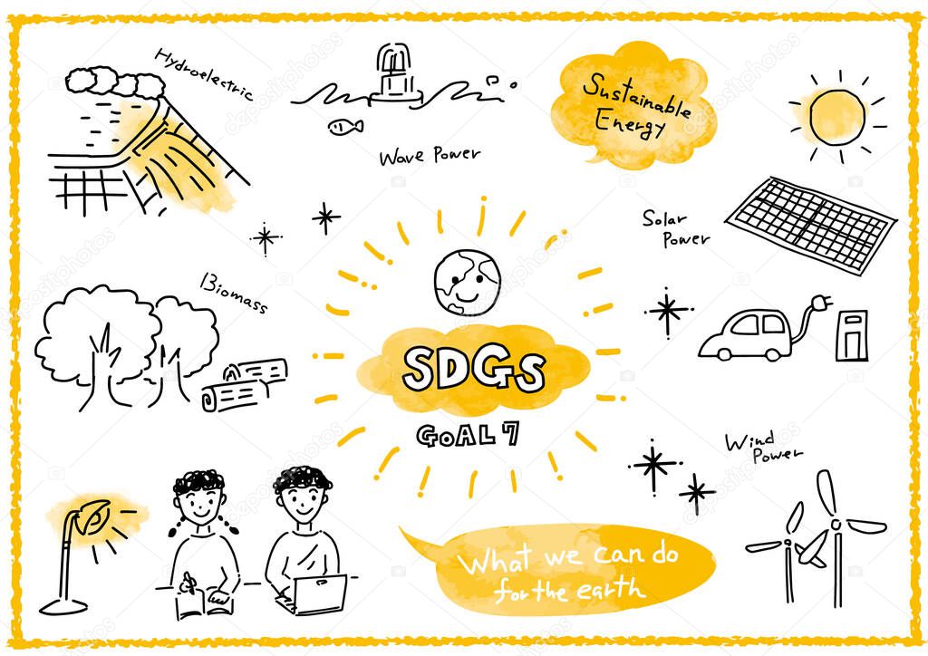 Sustainable Development Goals GOAL7 image hand drawn illustrationfor Affordable and clean energy illustration set 