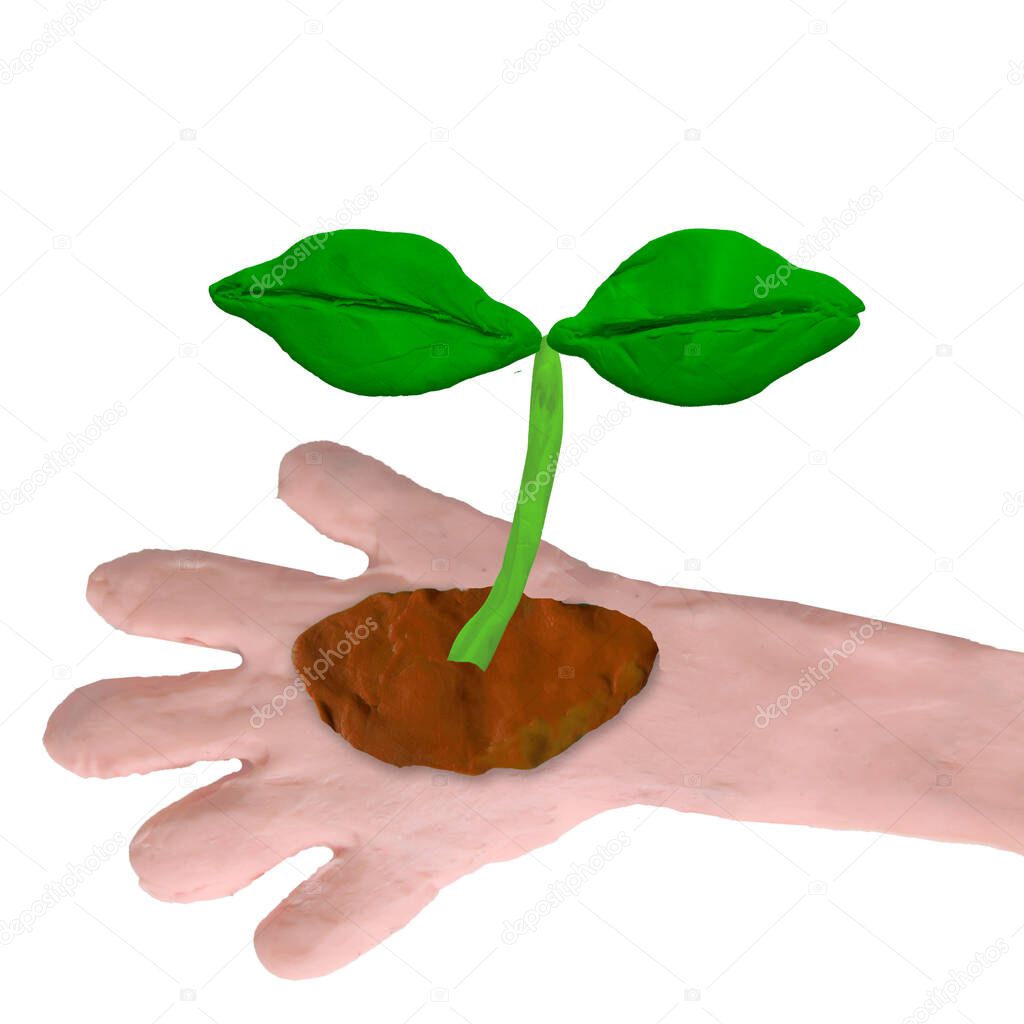 clay art child hand holding sprout in soil