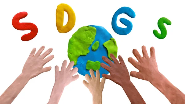 Clay Art Sustainable Development Goals Image Hands Various Races Earth — Stock Photo, Image