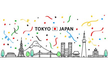 El çizimi şehir manzarası TOKYO Japonya ve konfeti