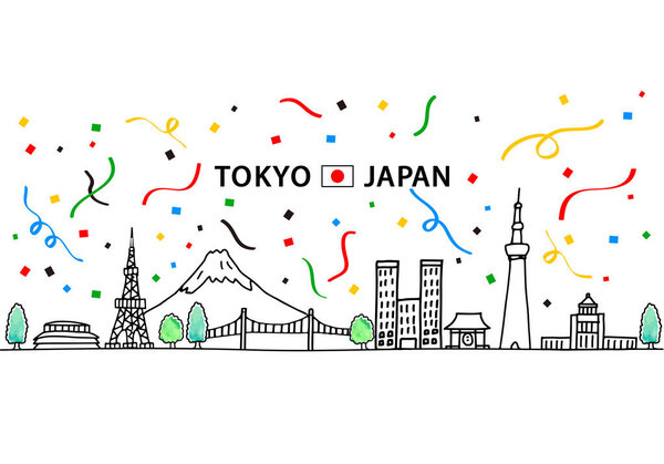 hand drawing cityscape TOKYO Japan and confetti