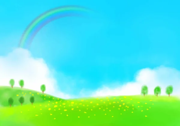 Öko Bild Aquarell Regenbogen Himmel Und Grünes Feld — Stockvektor