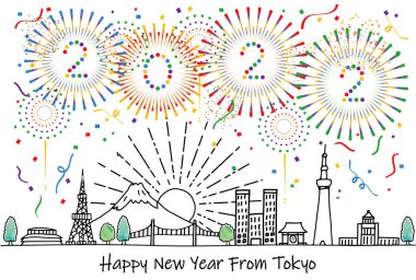 El çizimi şehir manzarası TOKYO 2020 ve havai fişekler yeni yıl kartı şablonu