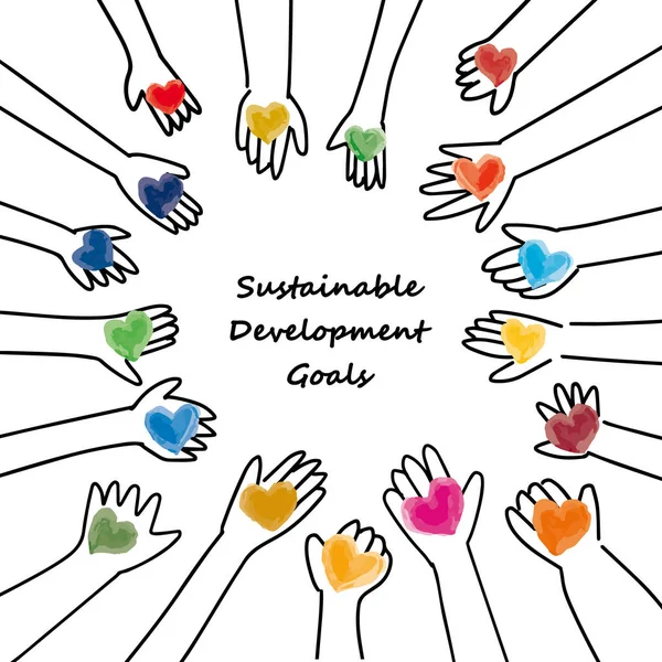 Sustainable Development Goals Image Hands Hearts Cmyk Simple Illustration — Stock Vector