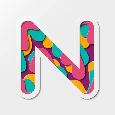 Kağıt kesiği N harfi sembolü. Gerçekçi 3D çok katmanlı kağıt kesme efekti beyaz arkaplanda izole edildi. Eğlence ve mutluluk için uygun..