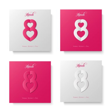 8 Mart sembolü katlanmış kağıt kesiği şeklinde, kalp ve sekizinci kombinasyon. Mutlu kadınlar günü vektör sanatı